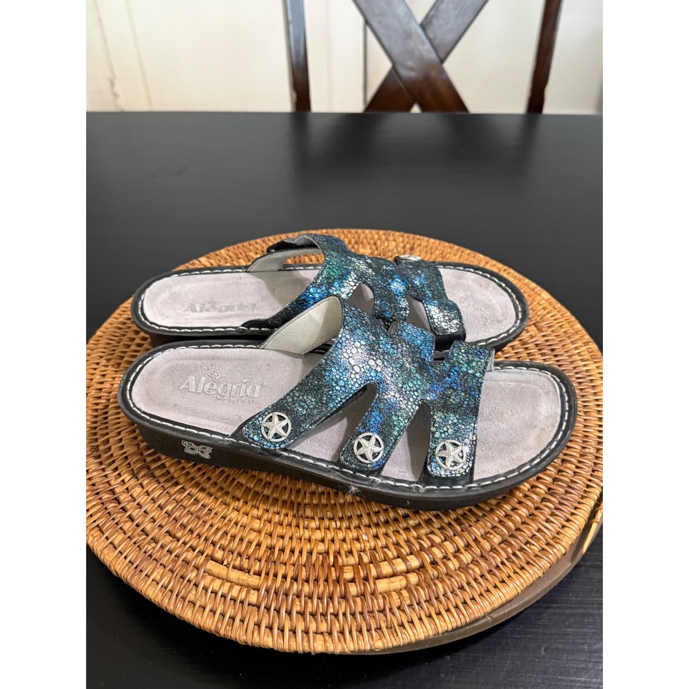Alegria Venice Blue Green Metallic Stingray Leather Slide Sandals 42 DIN-250X